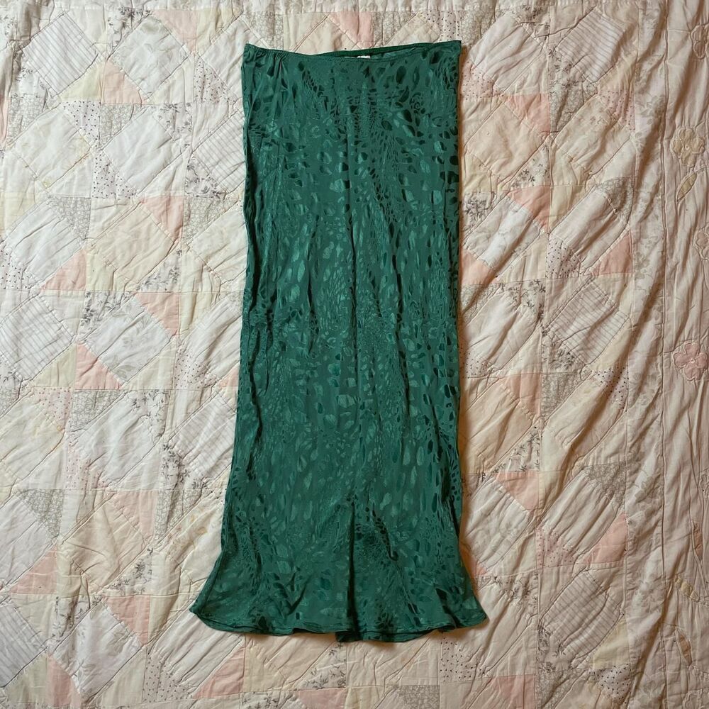 topshop emerald green floral animal print jacquard satin midi slip skirt size 4